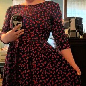 navy blue, flowers, modest full coverage cocktail dress POCKETS size 12